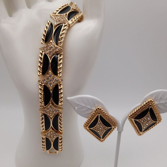 Vintage Park Lane Bracelet Post Earrings Set, Black Enamel Rhinestones - Picture 2 of 11